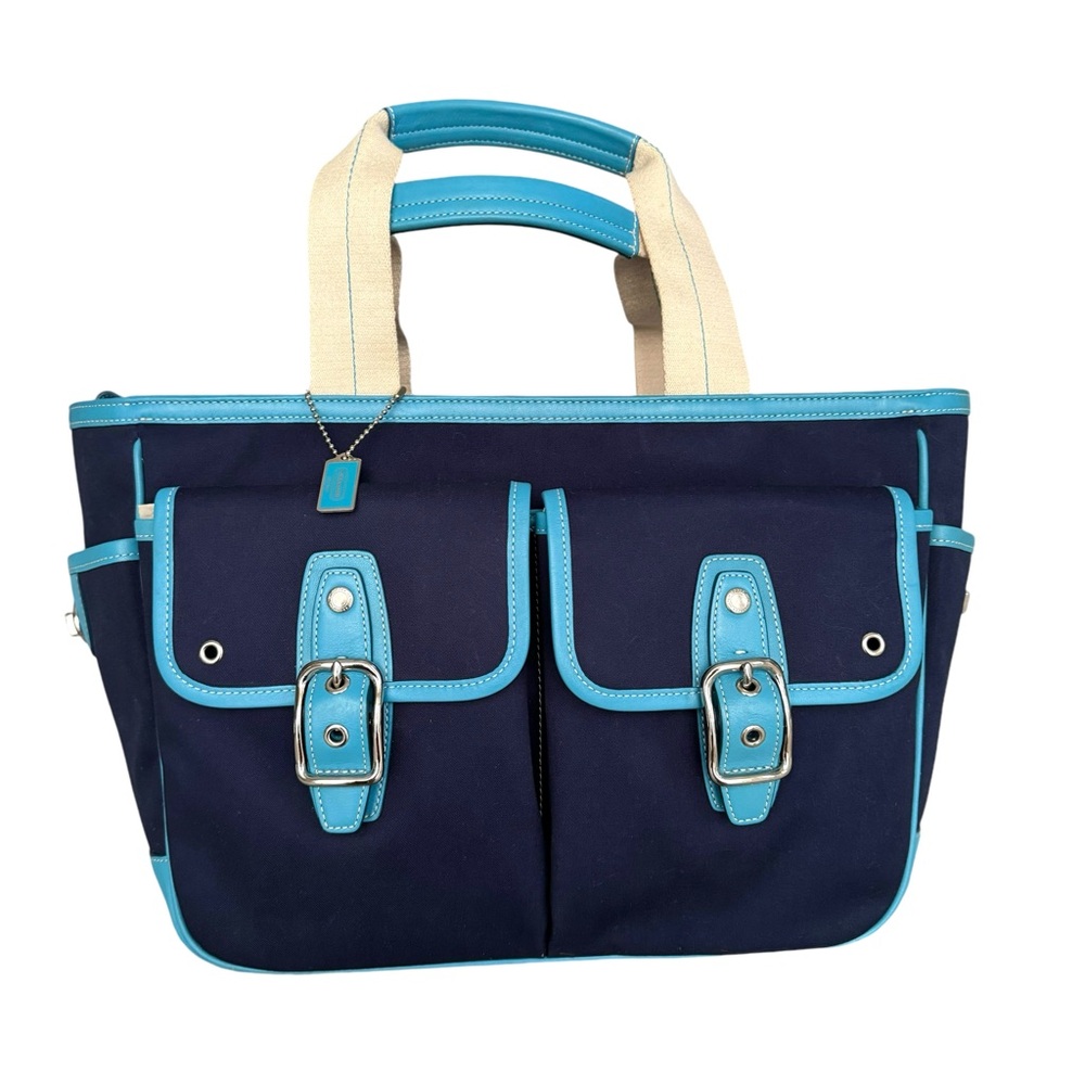 Coach Hampton Tote Shoulder Bag Blue Canvas Leather